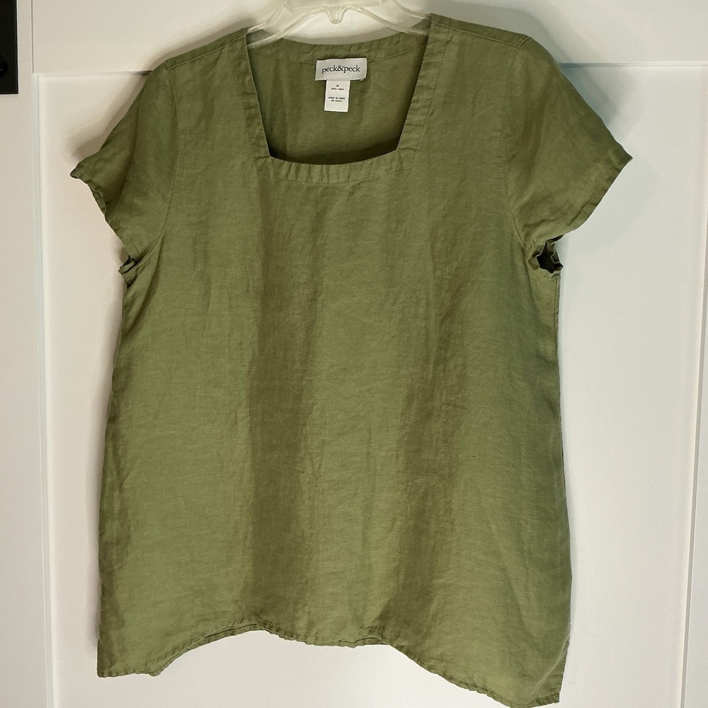 Peck & Peck‎  Short Sleeve Linen Tunic Top Size M Asymmetrical Hem Sage Green